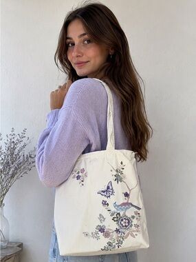 Accessorize Floral Butterfly Doublesided Tote Bag - Cream and Purple